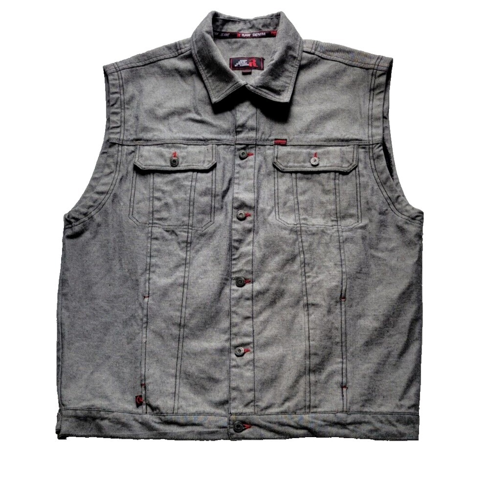 Koman 2000 Raw Denim Vest XL Gray Y2K Pockets Rivets Heavyduty Red Stitching EC